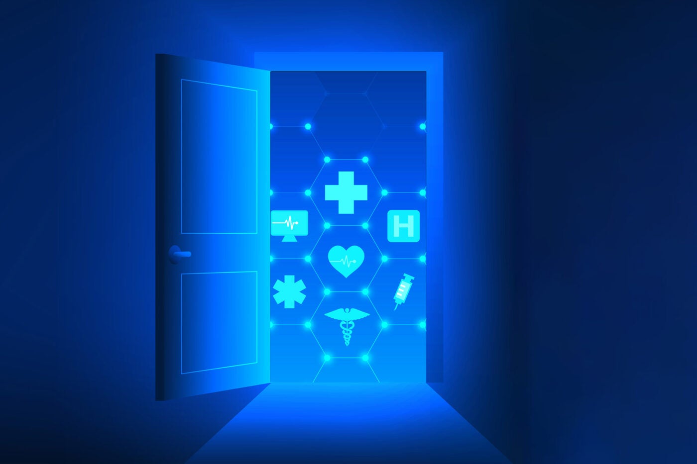 Digital illustration: A door in dark room opens to reveal floating health and data icons. The composition is shades of blue.