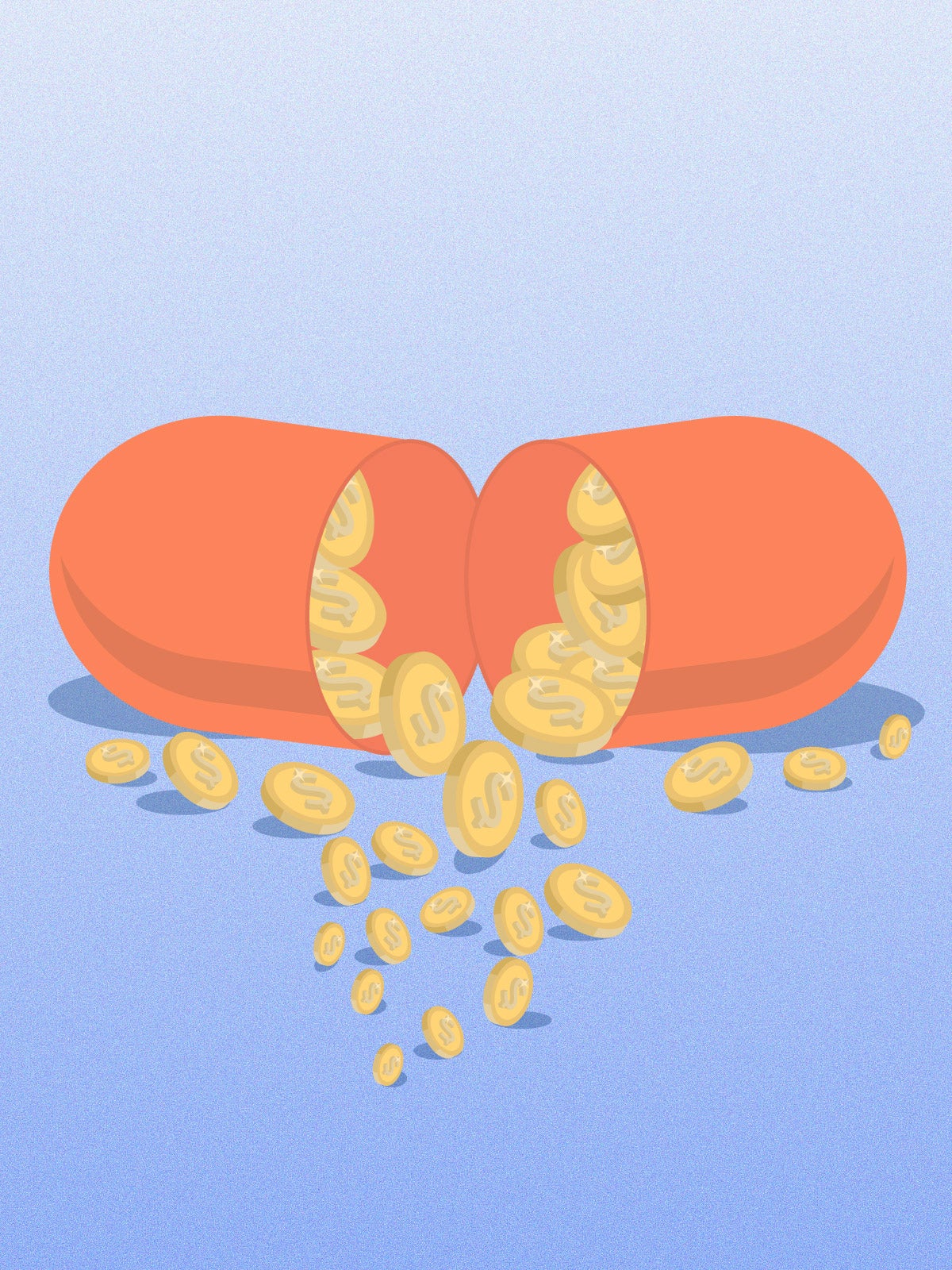 Conceptual illustration: A light orange pill is split in half. Yellow dollar coins are released from it and spill onto the surface. The composition is on a blueish-purple, speckled background.