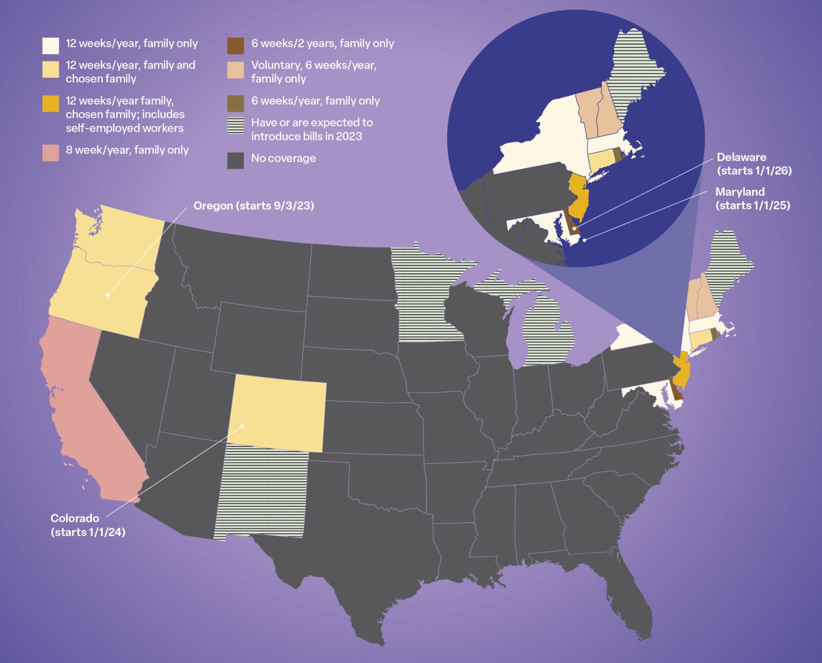 Map of the United States detailing which states have FMLA and other paid leave acts.
